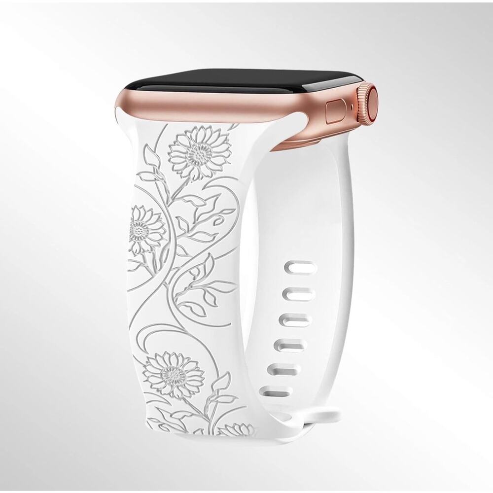 White Sunflower Floral Engraved Strap For Apple Watch Band 38-42MM series 10 11
